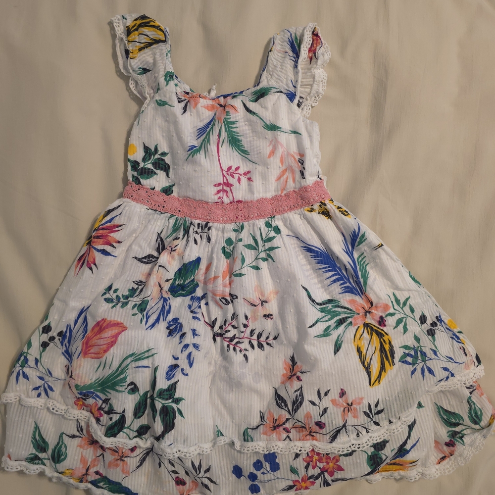 Laura Ashley White Floral Kids Dress with Pink Accents, Size 6